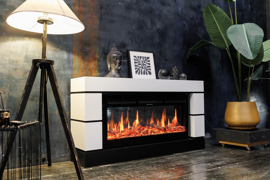 Линейный электрокамин Royal Flame Modern белый с черным c очагом 5D V-ART 40